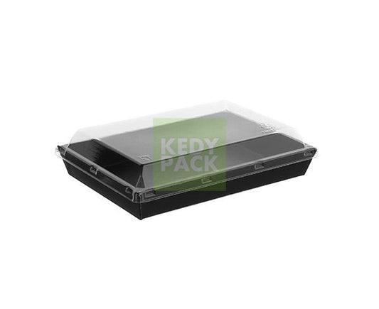 Rectangular cardboard tray with PET plastic lid