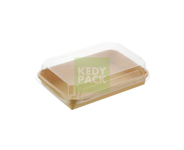 Rounded rectangular carton tray with PET plastic lid